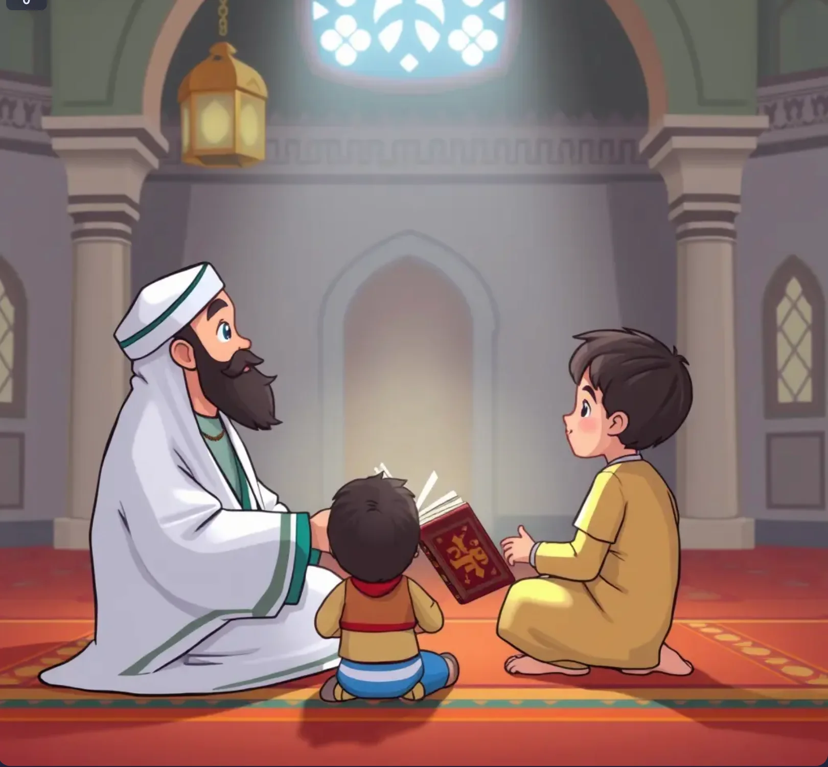 Illustration of a Muslim teacher teaching two young children to read the Quran in a mosque